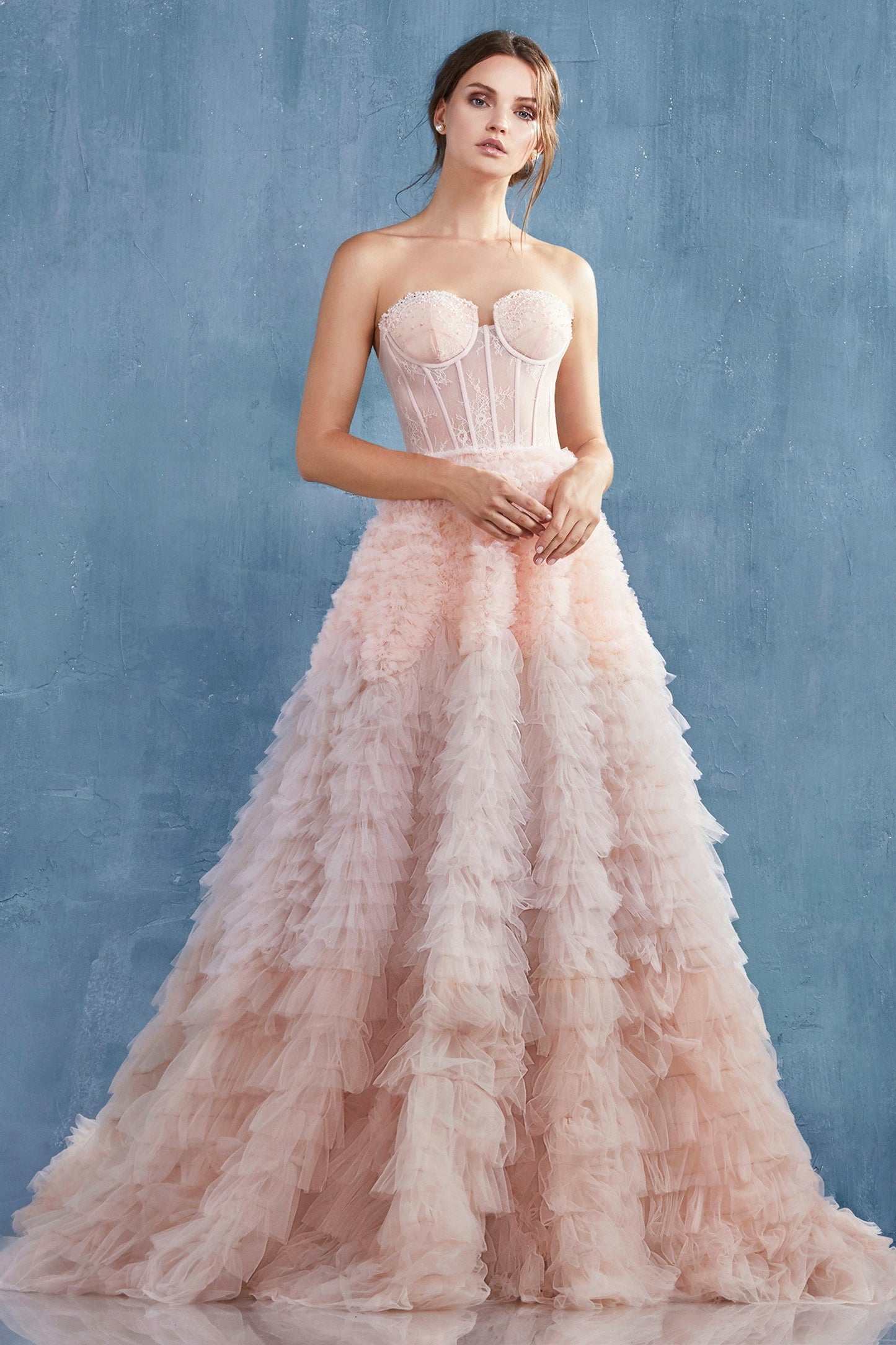 A0767-Strapless Faux Corset with Ruffled Ombre Ball Gown - Andrea & Leo