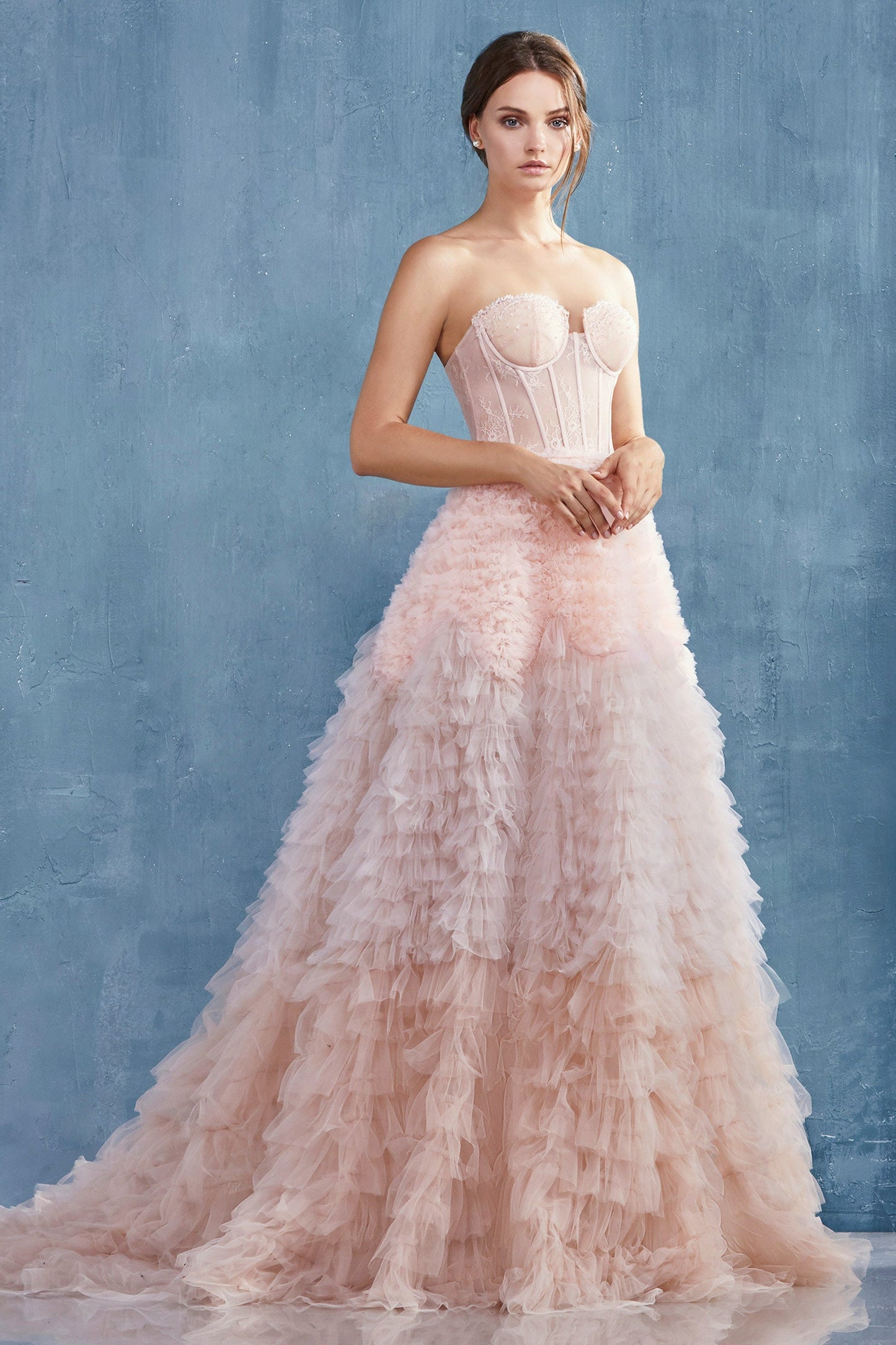 A0767-Strapless Faux Corset with Ruffled Ombre Ball Gown - Andrea & Leo