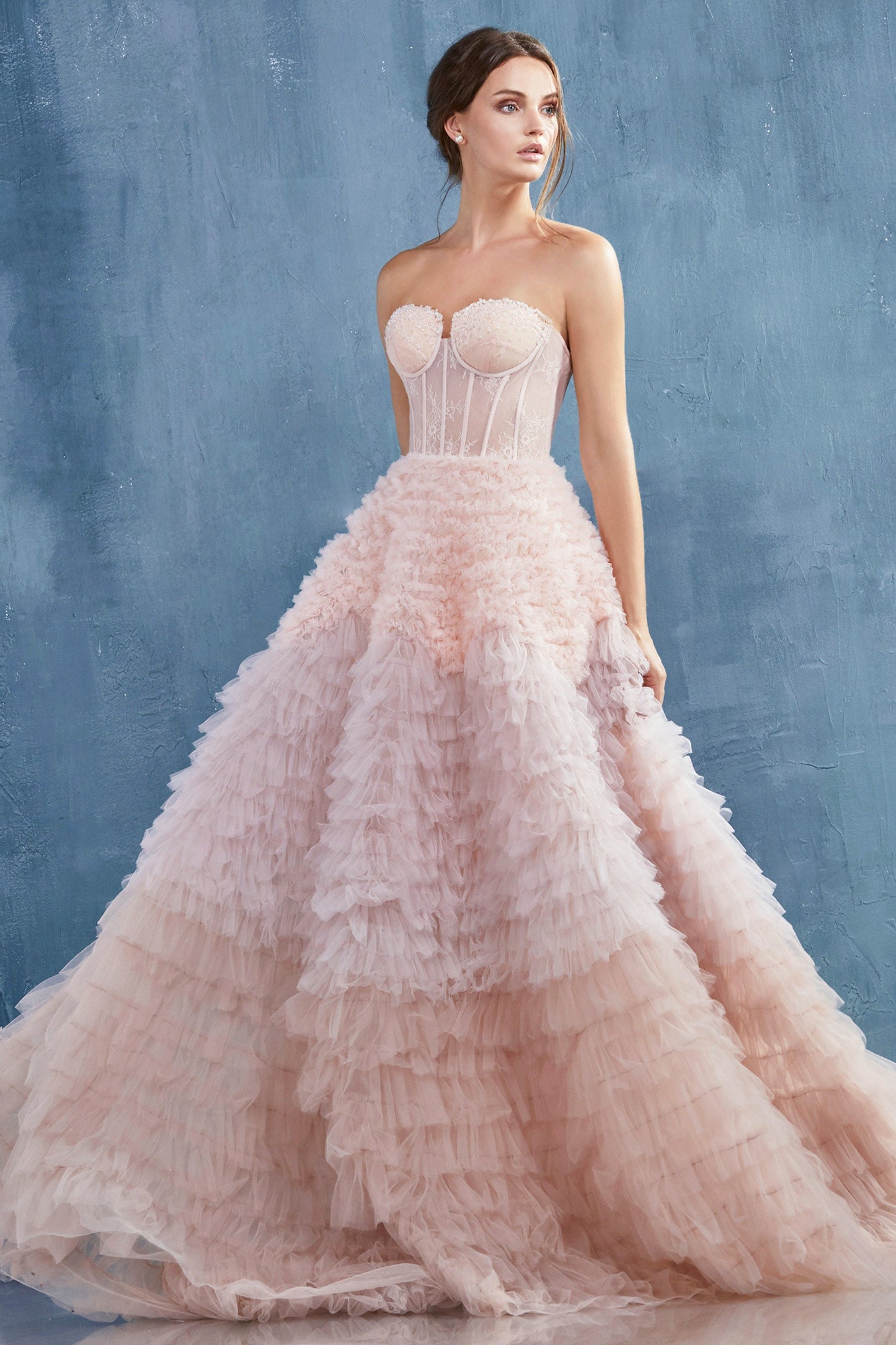 A0767-Strapless Faux Corset with Ruffled Ombre Ball Gown - Andrea & Leo