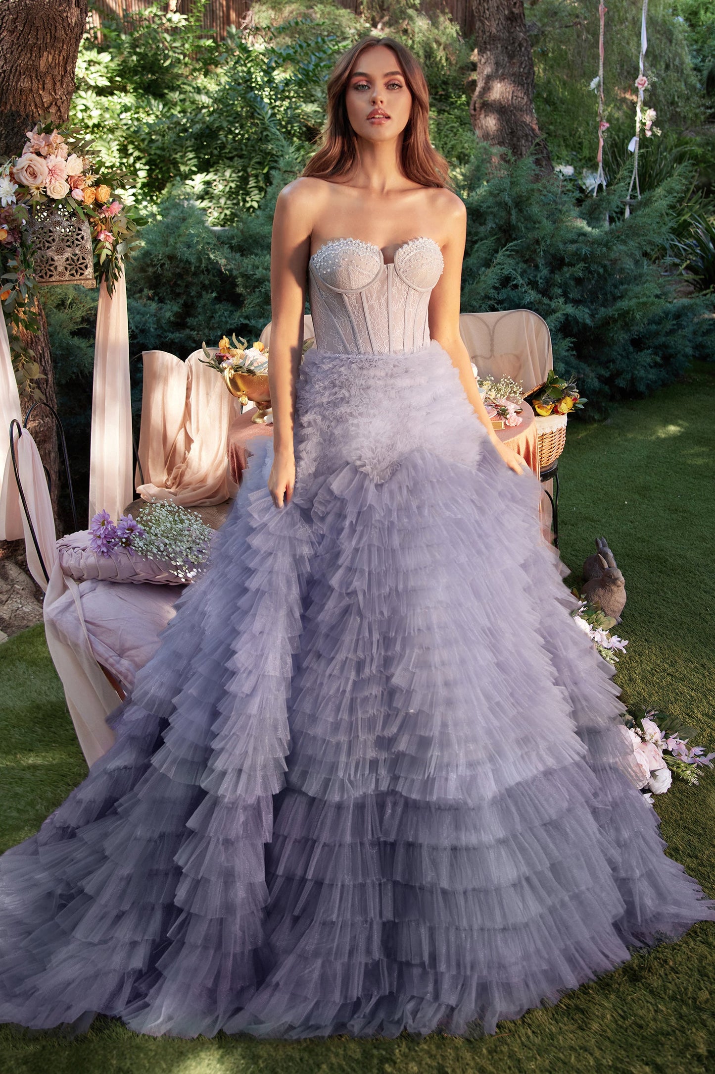 A0767-Strapless Faux Corset with Ruffled Ombre Ball Gown - Andrea & Leo