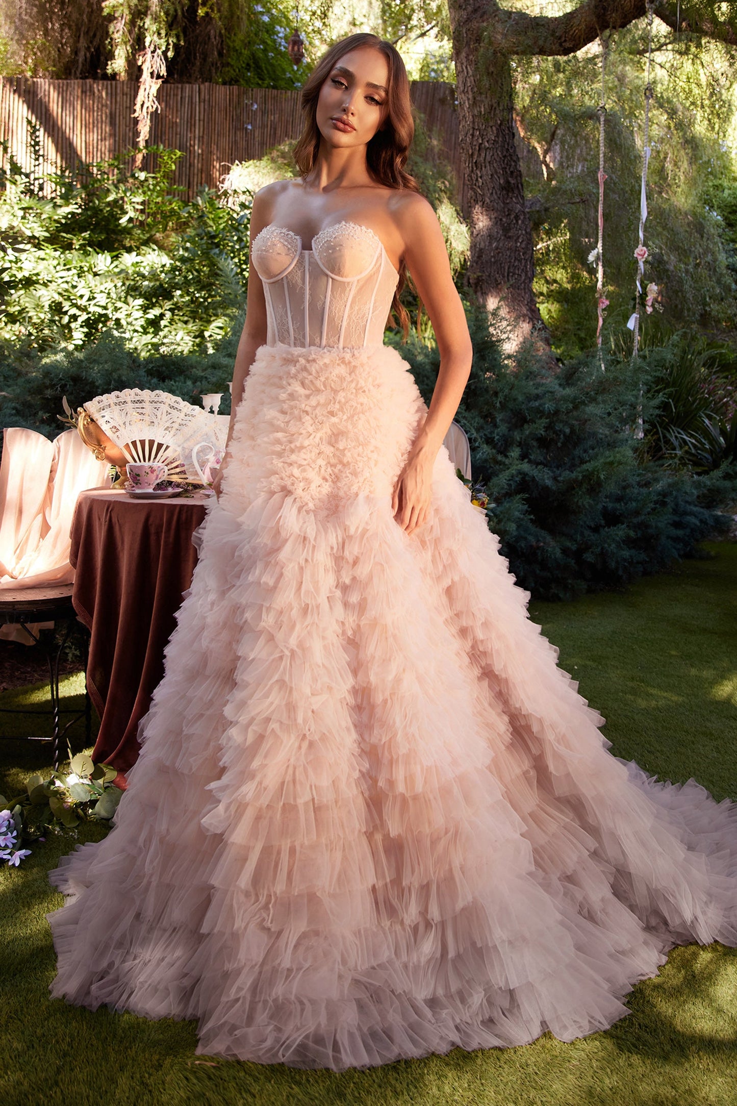 A0767-Strapless Faux Corset with Ruffled Ombre Ball Gown - Andrea & Leo