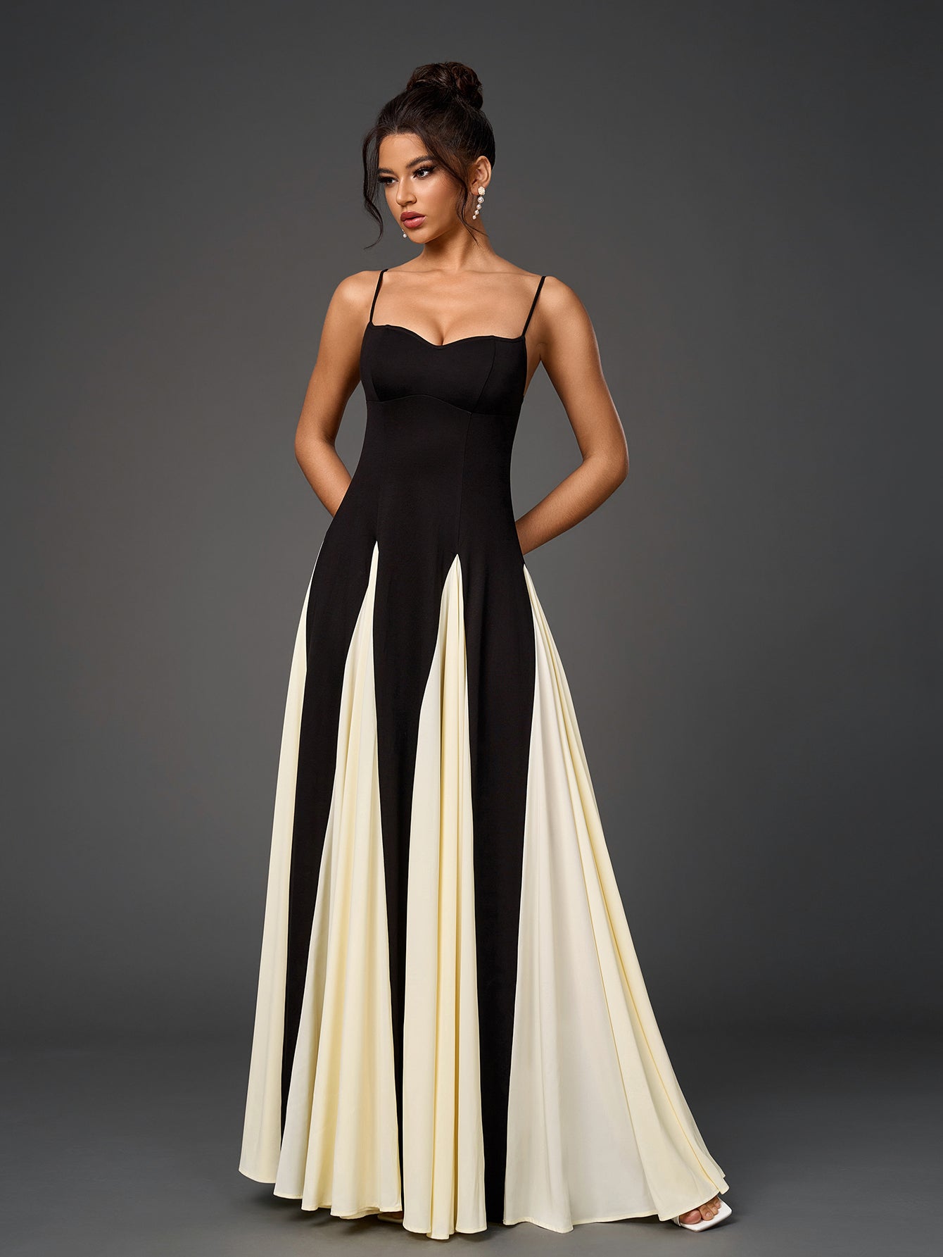 Black And White Contrast Backless Maxi Cami Dress