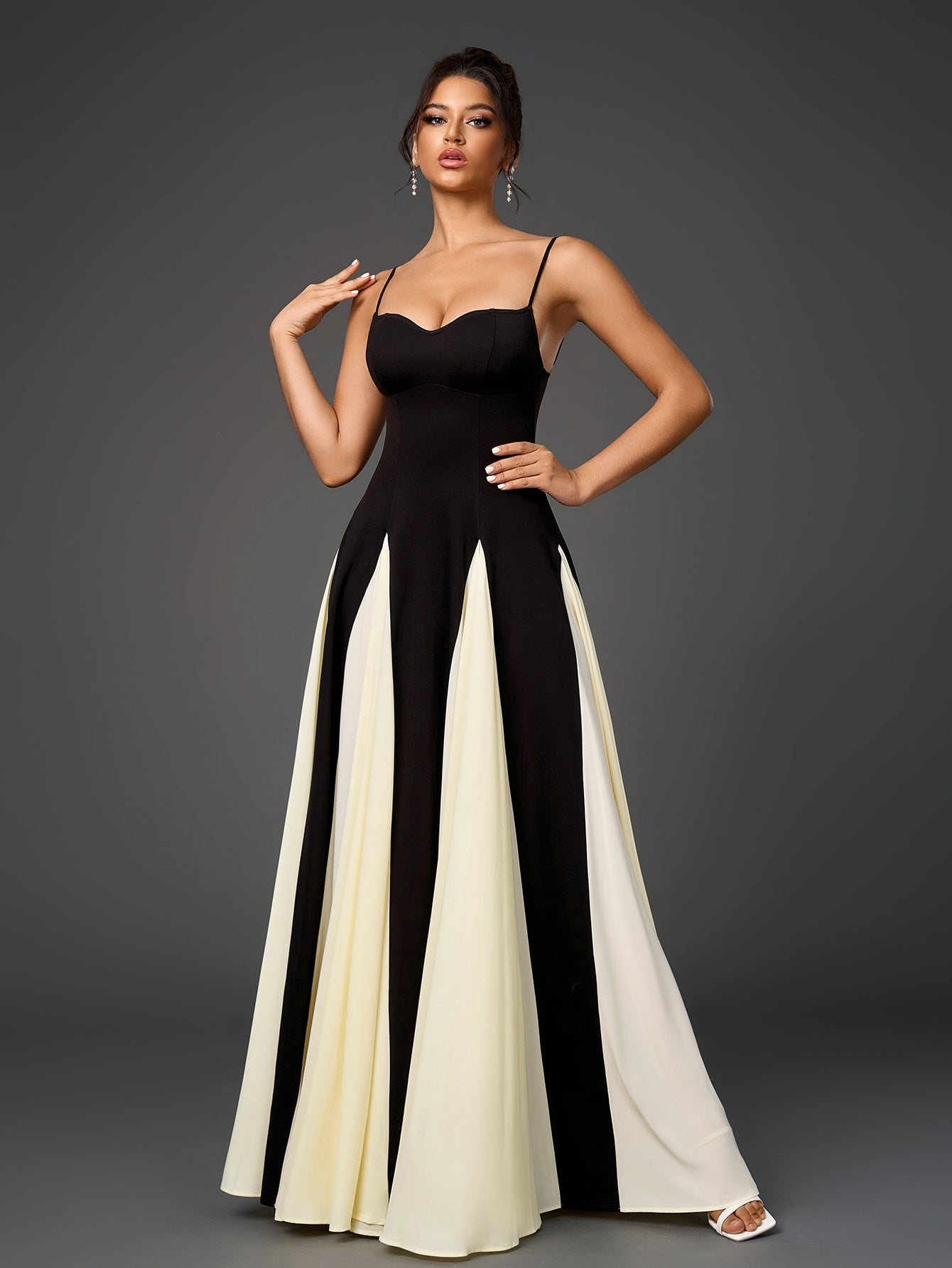 Black And White Contrast Backless Maxi Cami Dress