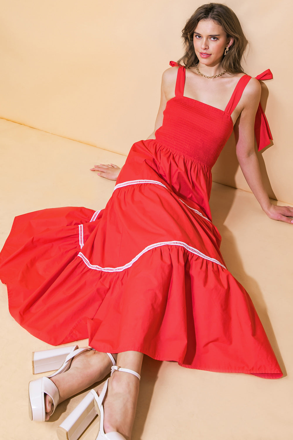 BETTER THAN EVER - LACE TRIM POPLIN MIDI DRESS